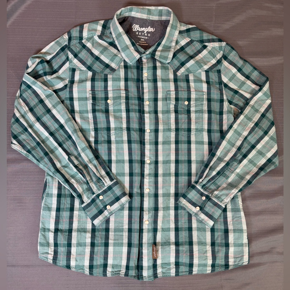 Wrangler Retro Premium Western Snap Shirt XXL Green Plaid Pearl Snap Cowboy